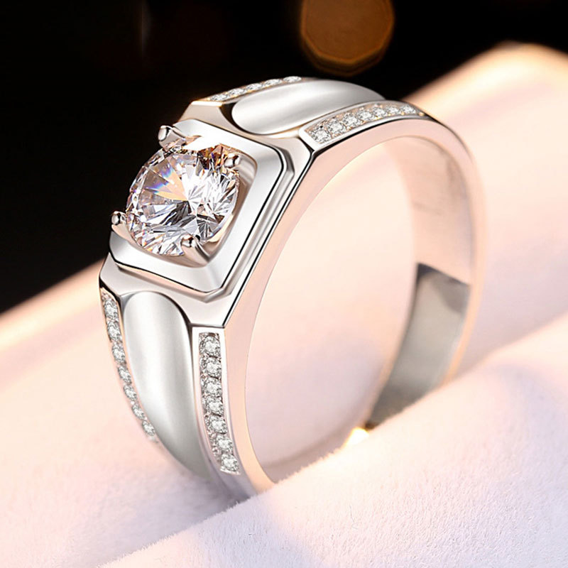 男士戒指男四爪1克拉镀铂金霸气钻戒时尚情人节生日礼物婚戒求婚