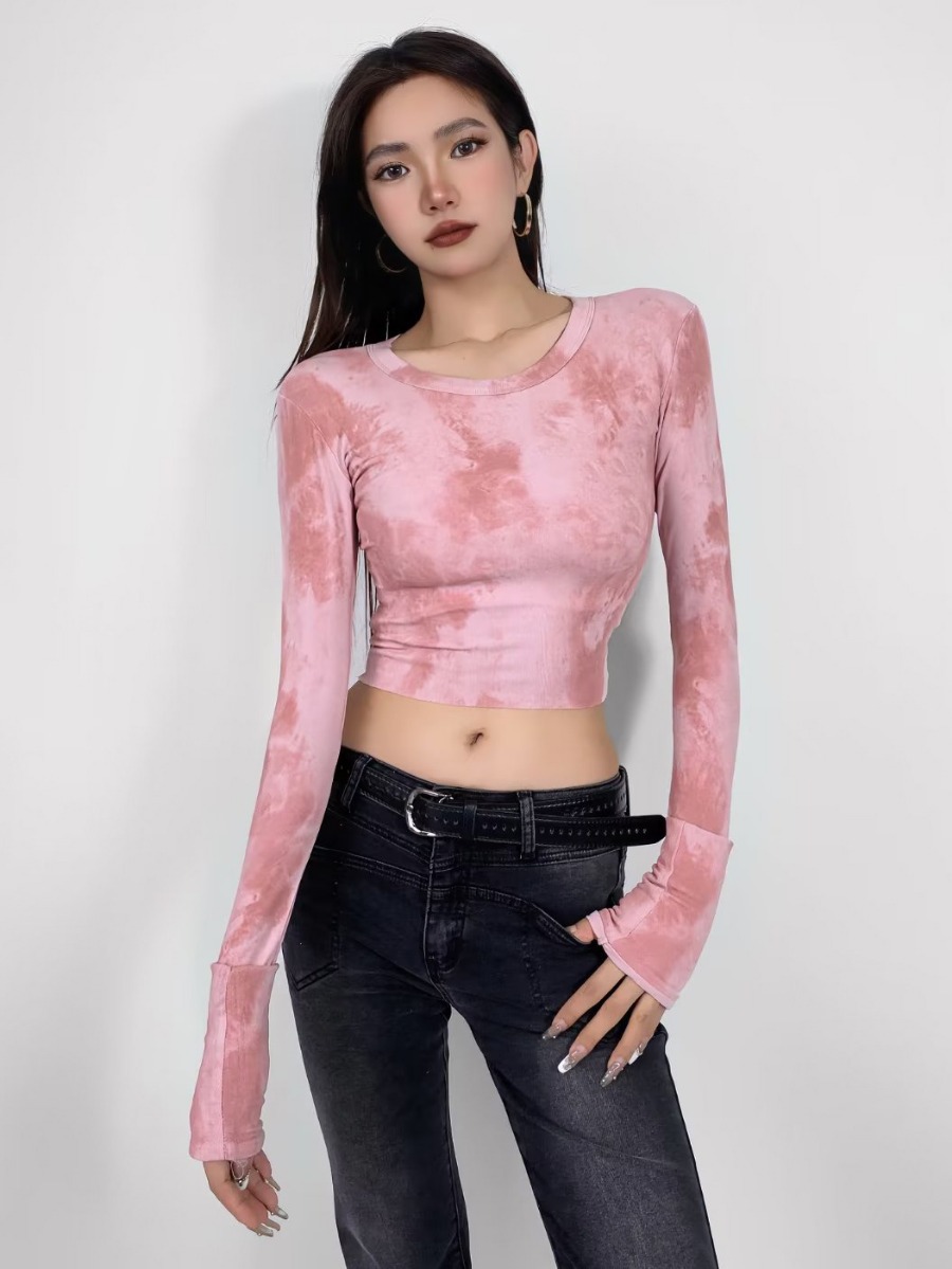 2024 Spring New round Neck Hot Girl Tie-Dye Printing Super Long Sleeves Cropped Short T-shirt Bottoming Shirt Wholesale