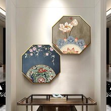 新中式客厅玄关装饰画禅意风花鸟挂画八边形茶室壁画背景墙面