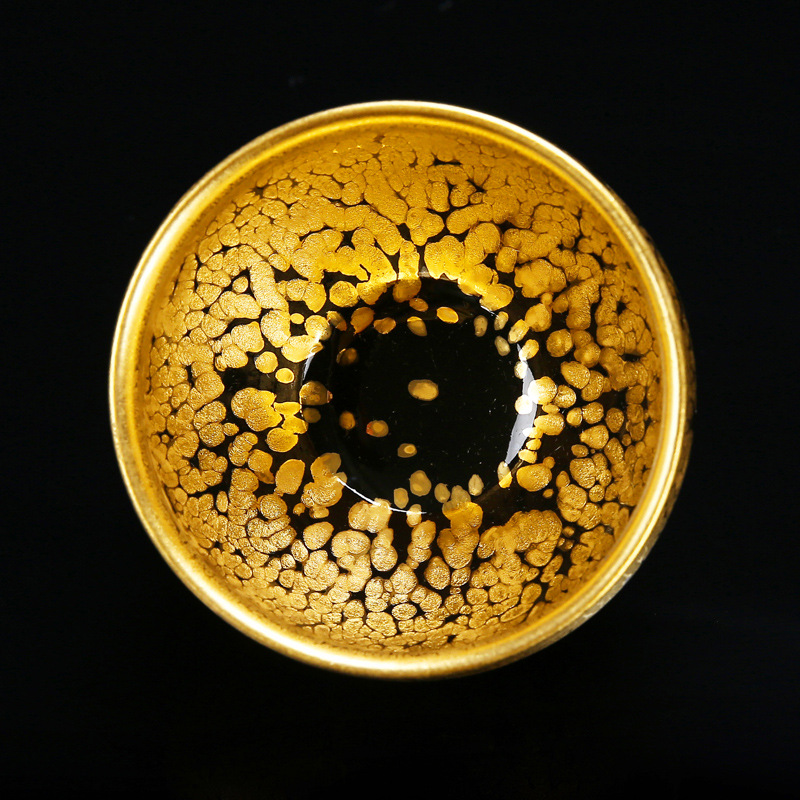 萧家名师手工金油滴建盏主人杯铁胎黄金盏天目盏鎏金陶瓷金盏茶杯