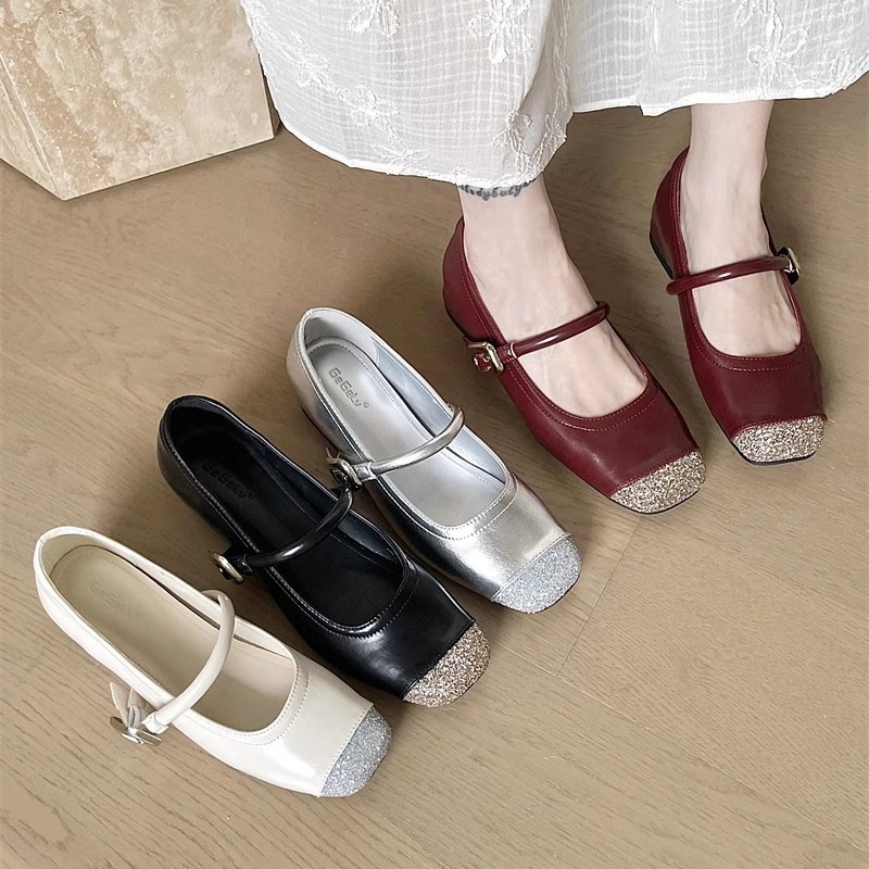 2024银色内高女单鞋拼接圆头软底平底芭蕾舞鞋一字带玛丽珍鞋女