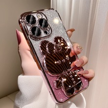 适用iPhone15手机壳渐变闪粉兔子镜子苹果16新款硅胶14Promax支架