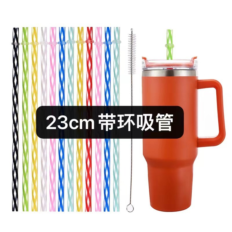in stock transparent threaded straw color band thick hard tube double-layer cup reusable straw with brush