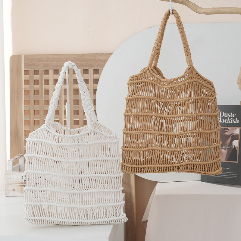 新款秋冬潮女森系条纹棉绳草编包编织镂空网兜沙滩包休闲时尚女包