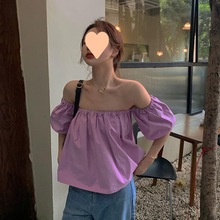 法式设计感小众泡泡袖衬衫女夏季2020新款韩版洋气短款一字肩上衣