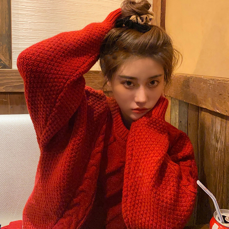 圆领麻花纹毛衣女红色2022春秋冬慵懒风套头宽松打底针织外搭批发