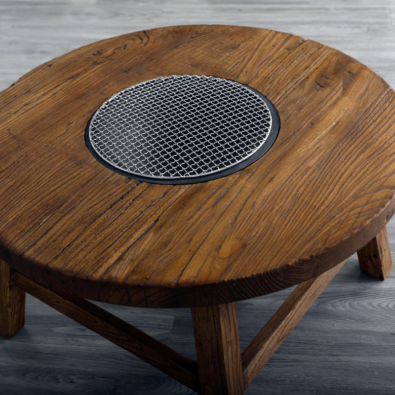 老榆木门板围炉茶桌子木质茶台茶几火锅桌烤串圆桌盖