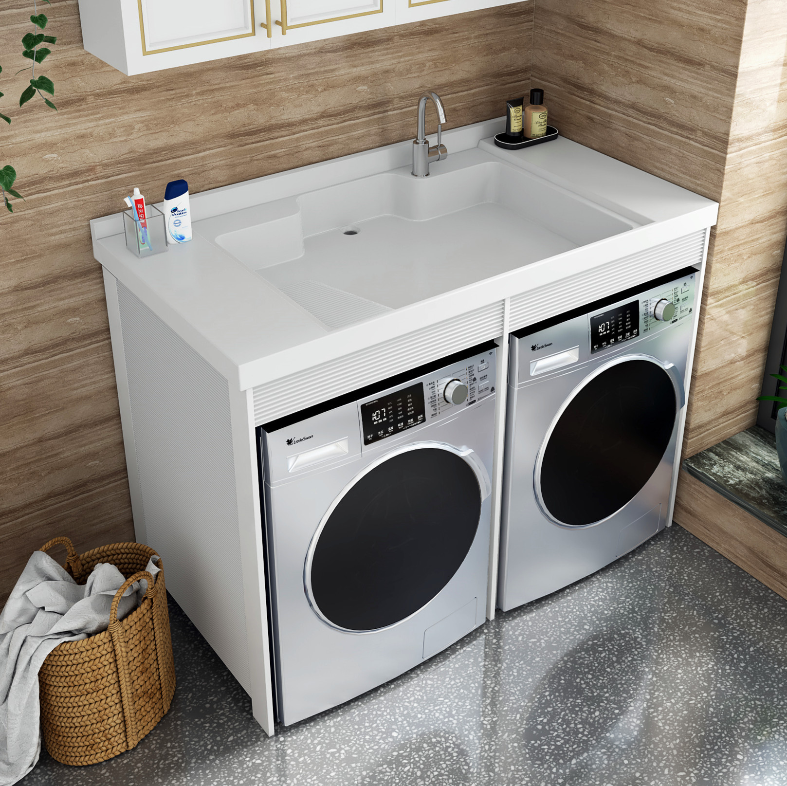 阳台双机位洗衣台盆带搓衣板滚筒洗衣机烘干机一体柜组合拐角