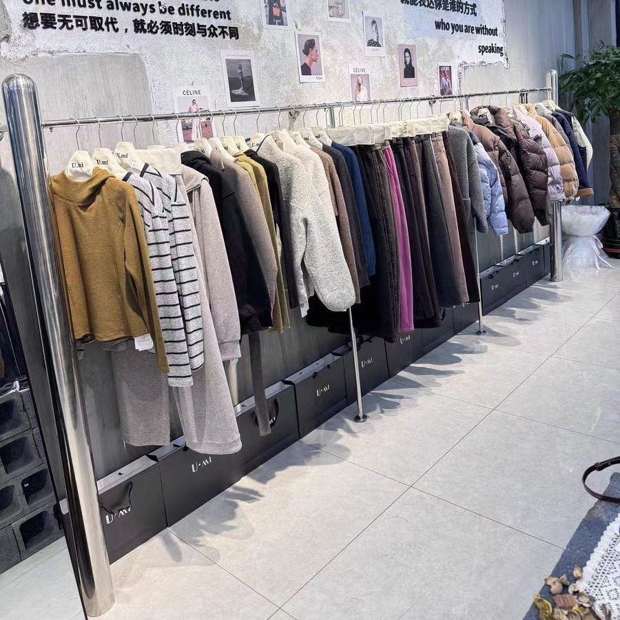Clothing Store Display Stand Floor Stainless Steel Silver Wall Hanging Rod Women's Clothing Store Men's Clothing Store Shelf Display Stand