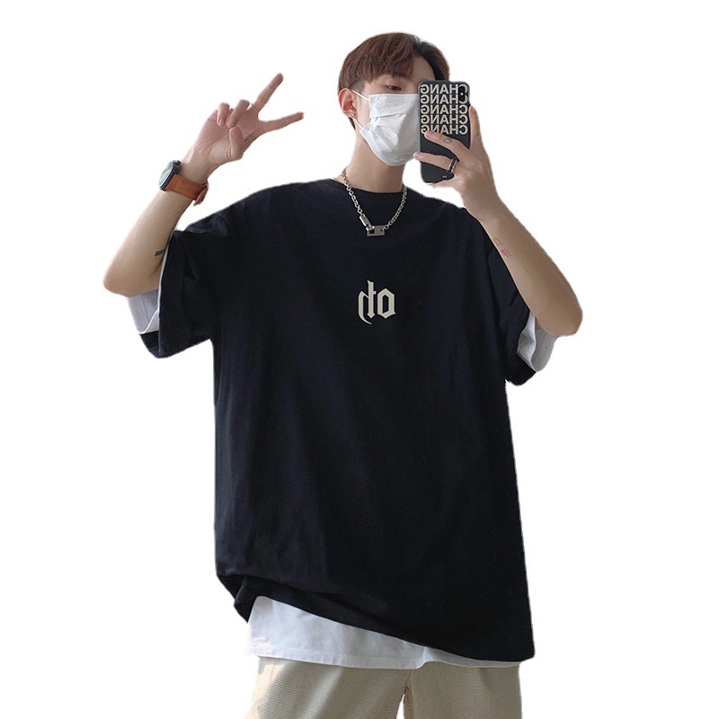 Short-Sleeved T-shirt Men's Hong Kong Style Trendy Brand Summer New Ins Loose Boys Heavy Cotton Drop Shoulder Half-Sleeve T-shirt Top