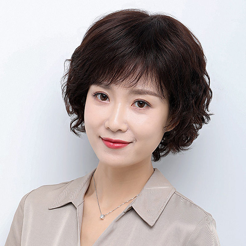 假发女短发逼真妈妈假发短卷发斜刘海蓬松自然中年女士假发全头套