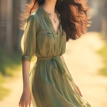 新中式小立领那不勒斯裙超仙薄荷曼波风绿色真丝雪纺连衣裙女夏季