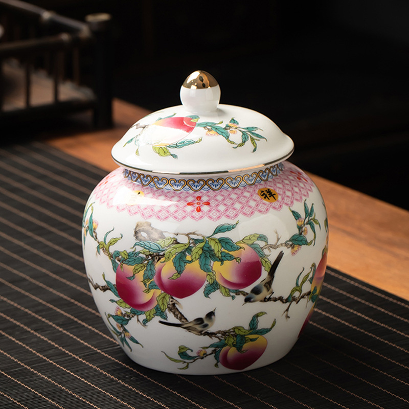 精品寿桃密封陶瓷茶叶竹罐高端茶叶罐家用摆件茶叶罐普洱茶存储罐