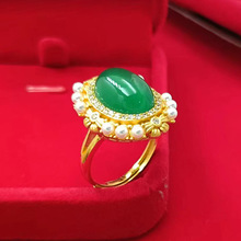 西洋复古戒指仿沙金人工珍珠镀锡金工艺镂空绿玻石欧币工艺