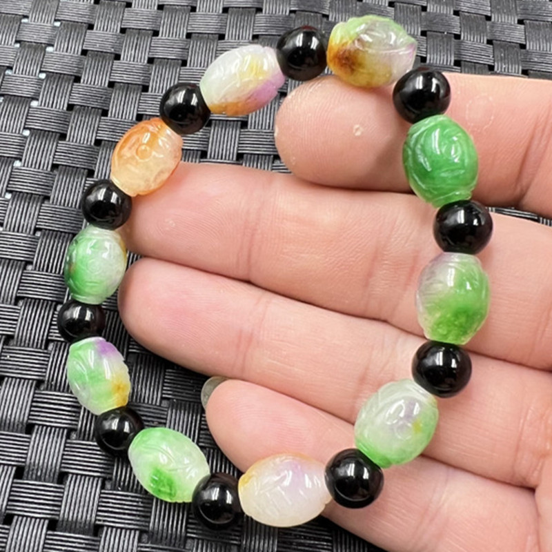 玉石手链翠玉路路通手链浮雕如意手链彩色玉手串玉手环小号手饰