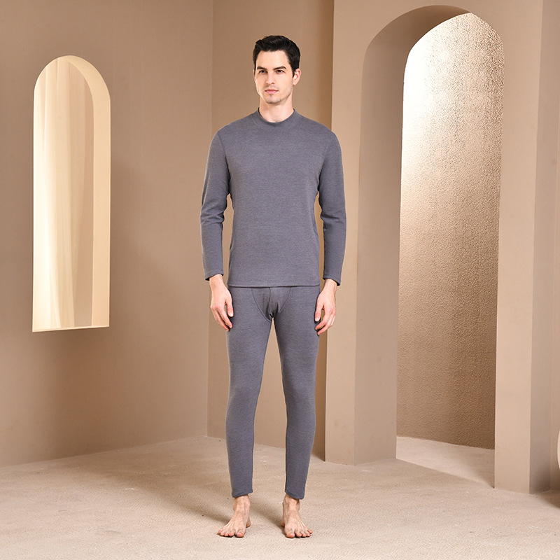 2022 New Quick Warm Fleece Double-Sided Brushed Mid-Collar Men's Thermal Underwear Set Factory in Stock Wholesale Quick Heating