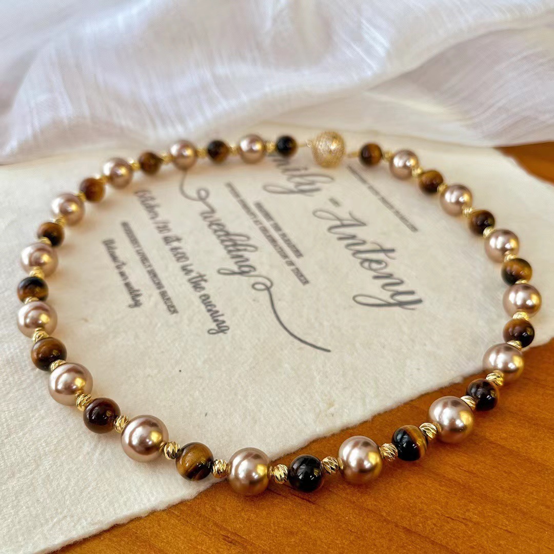 新中式复古新款秋冬美拉德天然虎眼石摩卡金棕施家混彩珍珠项链