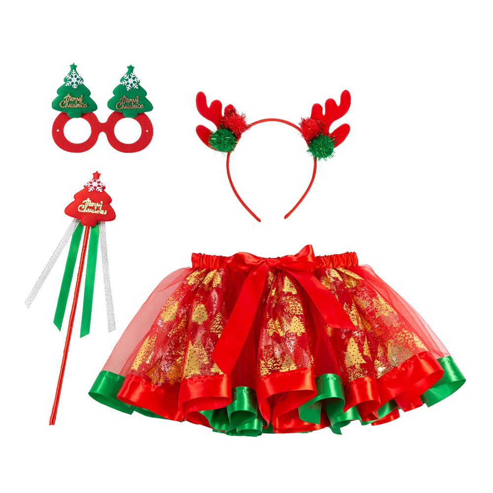 圣诞节印花女童蓬蓬裙头箍眼罩魔法棒四件套节日派对网纱半身裙子
