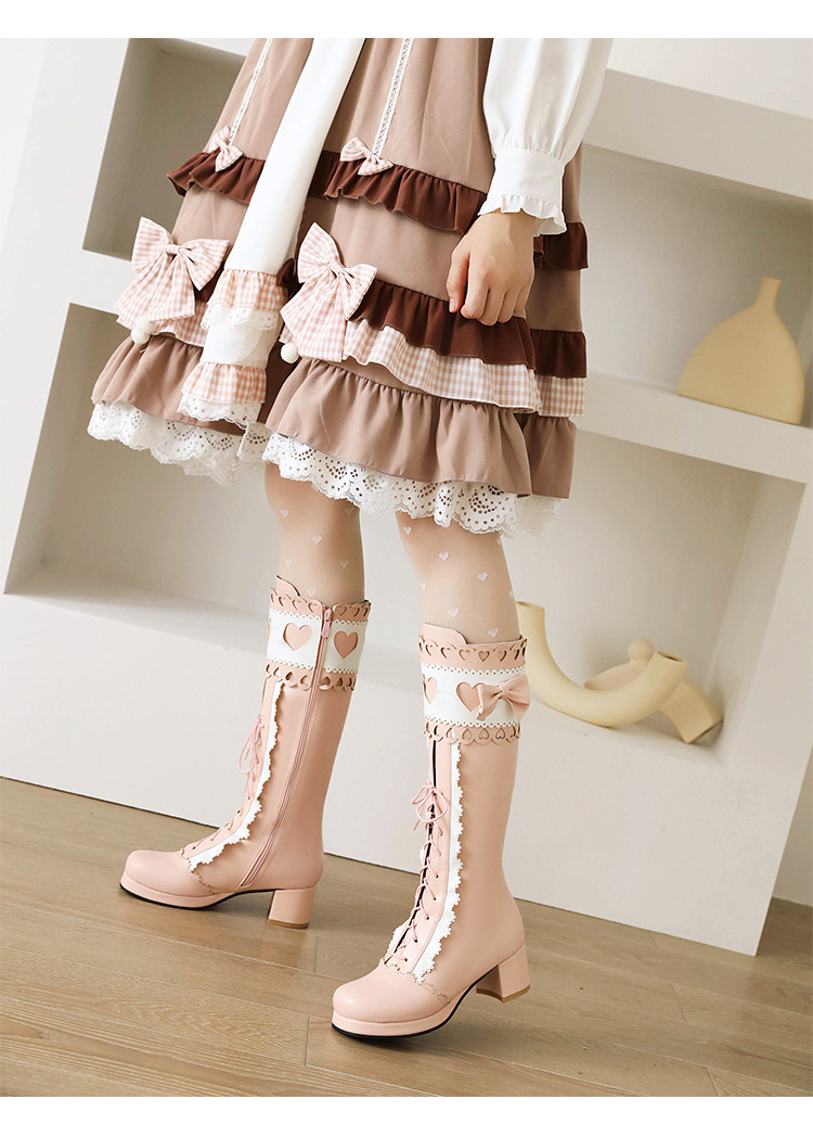 2021洛丽塔公主甜美女靴蝴蝶结水台粗跟中跟高筒靴大小码新款靴子