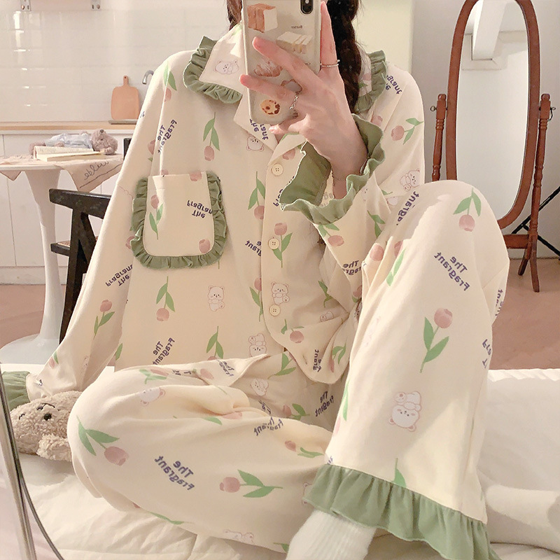 Women's Pajamas New Sweet Long Sleeve Homewear Spring and Autumn Cardigan Outerwear Knitted Cotton-like Printed Ladies