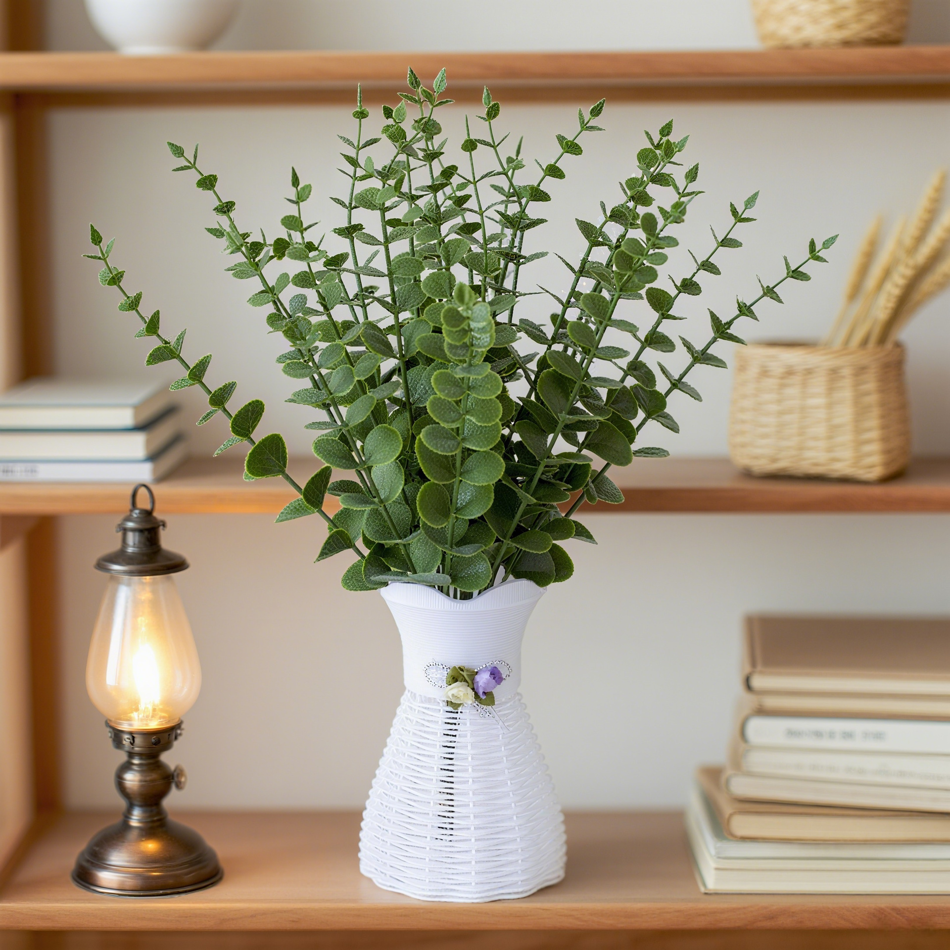 跨境仿真小排铅尤加利绿植摆件插假花仿真花复古金钱叶假花造景