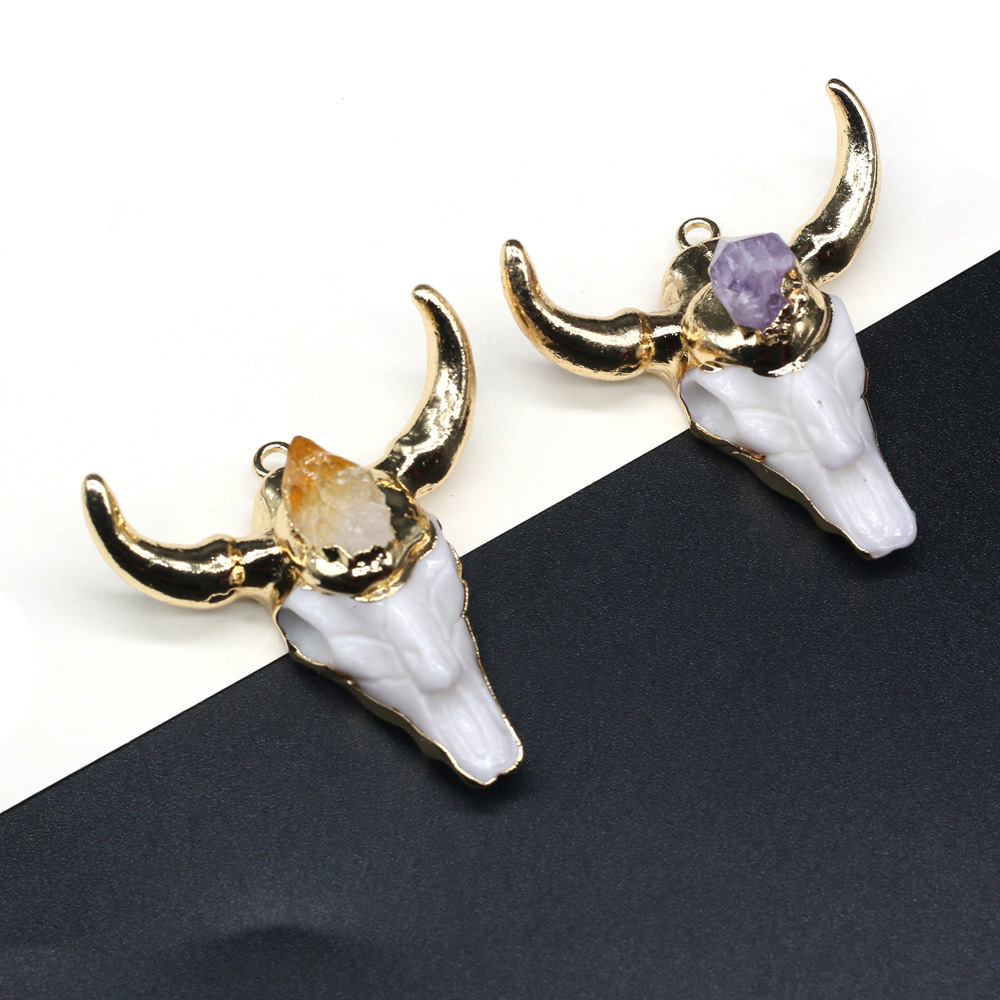精美天然石头半宝石亚克力牛头吊坠 diy饰品配件手工项链制作批发