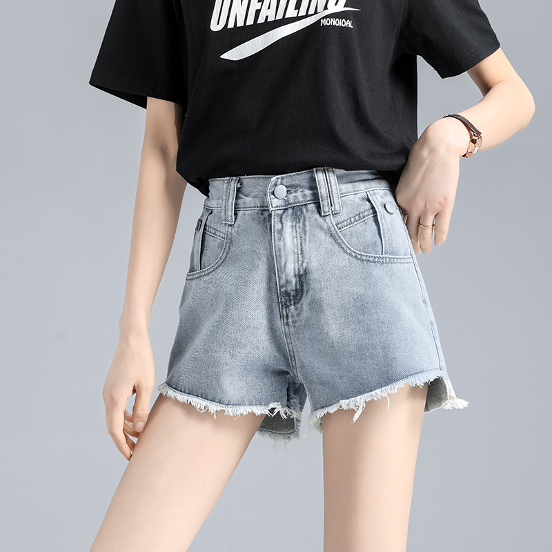 高腰牛仔短裤女a字宽松夏季松紧腰浅色2021年新款宽松超短裤潮ins