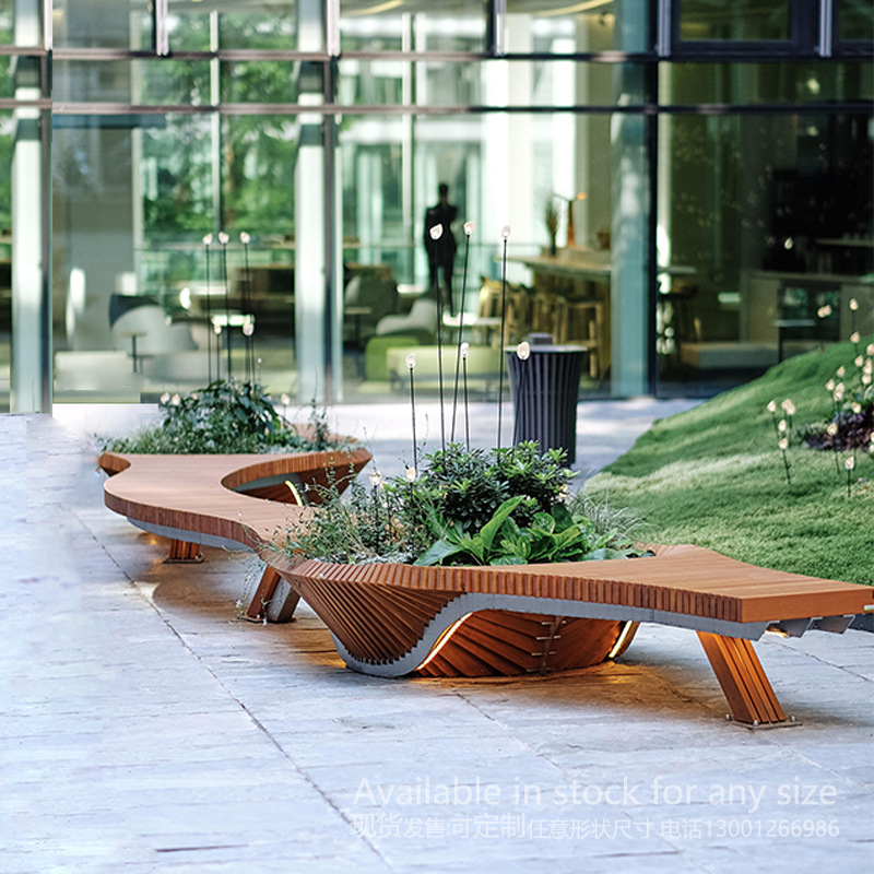 户外商场公园广场美陈休息座椅步行街公共艺术切片带花箱绿化椅子