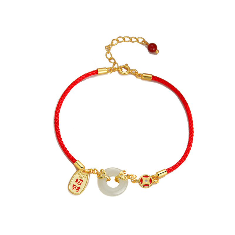 925 Sterling Silver round Jade Pendant Red Rope Bracelet Hetian Jade New Chinese Bracelet Red Hand Strap Light Luxury Ancient Style Girlfriends Girlfriend