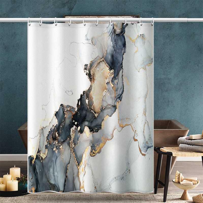 Cross-Border Hot Selling Waterproof and Mildew-Proof Polyester Punch-Free Bathroom Shower Door Curtain Gray Marbling Partition Shower Curtain