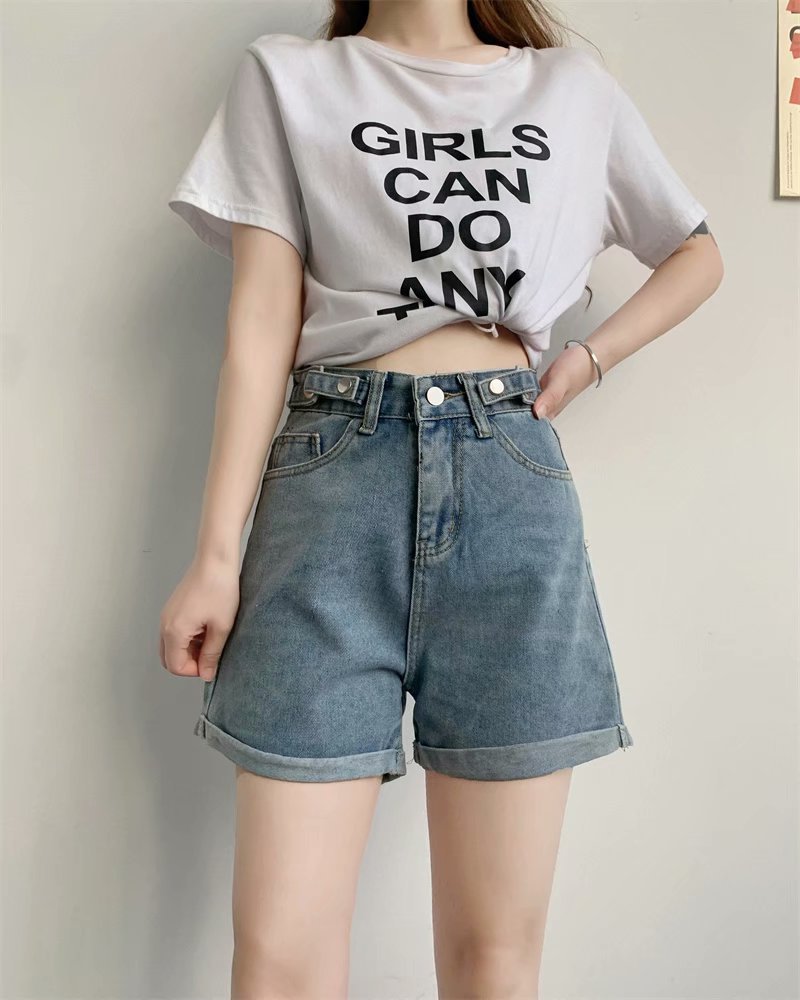 高腰大码胖mm牛仔短裤女宽松夏季薄款浅色翻边a字显瘦阔腿裤潮ins