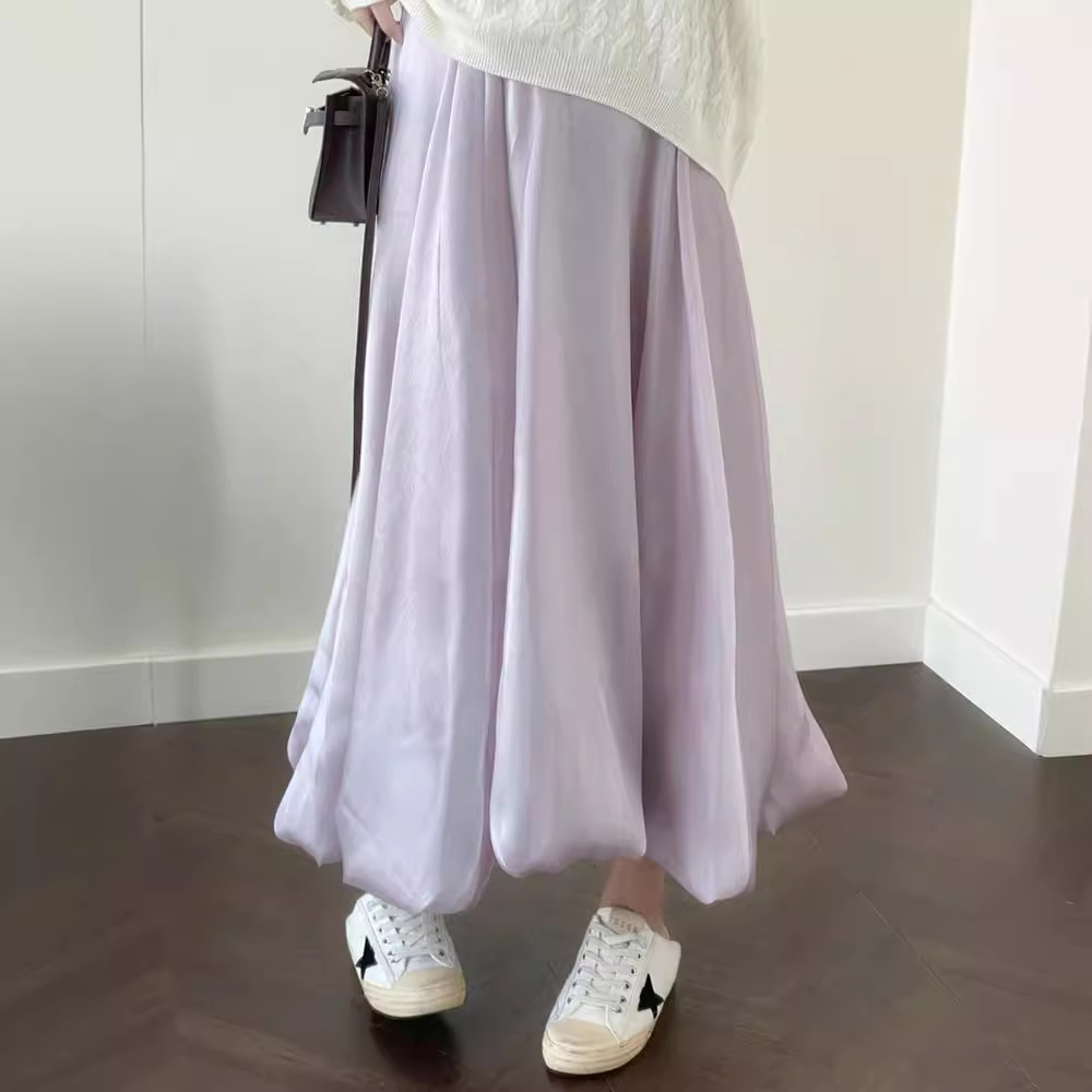 法式紫色花苞a字半身裙女夏2024新款灯笼裙百褶日系蓬蓬裙中长款