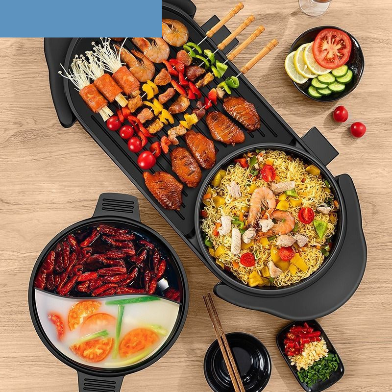 新品烧烤火锅一体锅两用多功能电烤盘无烟烤肉锅室内煎烤涮鸳鸯锅