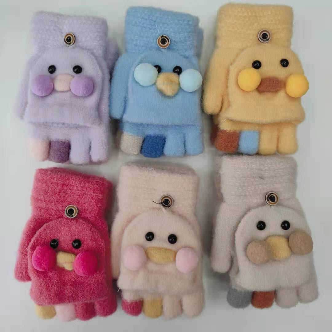 Winter Children's Knitted Gloves Cute Duck Cartoon Flip Half Finger Gloves Student Writing Warm Gloves 