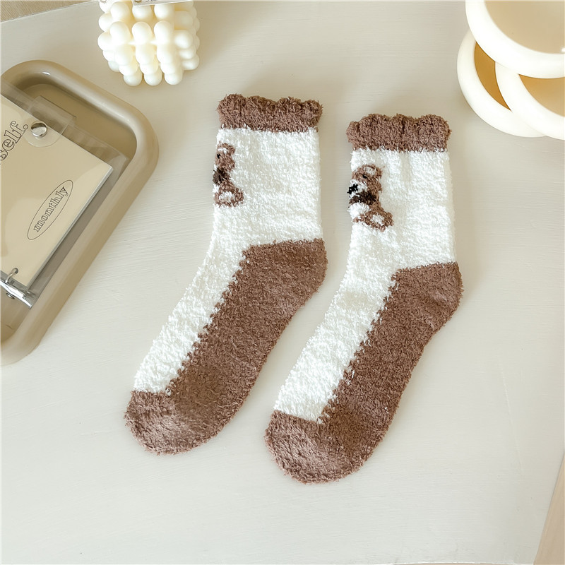 Coral Fleece Socks Female Coffee Color Series Bear Women's Mid Tube Stockings Winter Fleece Lined Padded Warm Keeping Room Socks Sleep Women's Socks