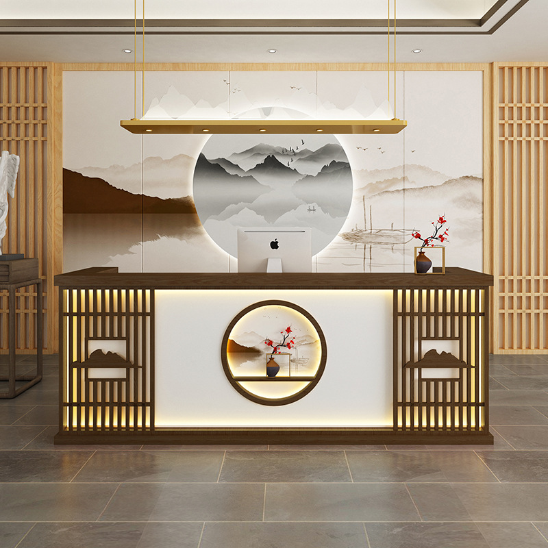 新中式吧台复古民宿足疗酒店前台典雅茶楼餐厅采耳饭店实木收银台
