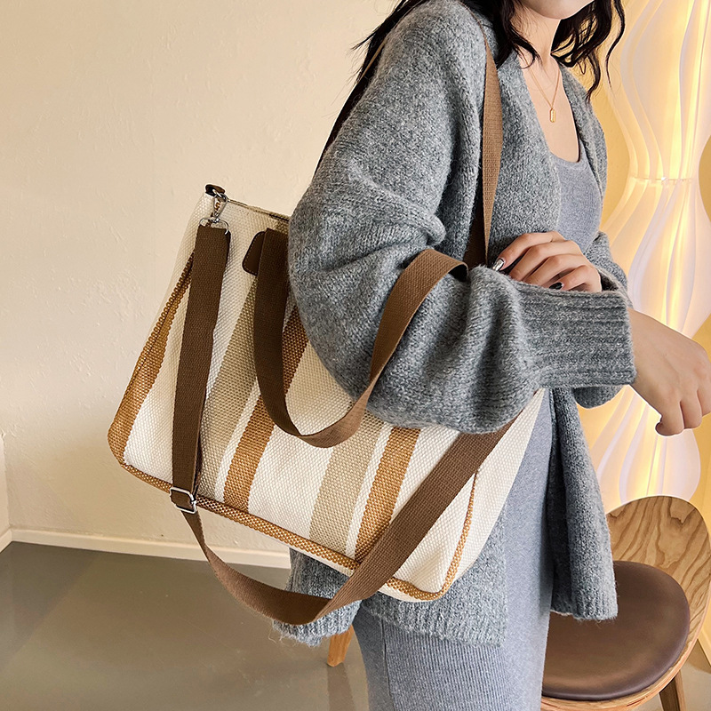 Big Bag for Women 2023 New Fashion Striped Canvas Bag Commuter Portable Tote Bag Fashionable Shoulder Crossbody Mummy Bag women bag