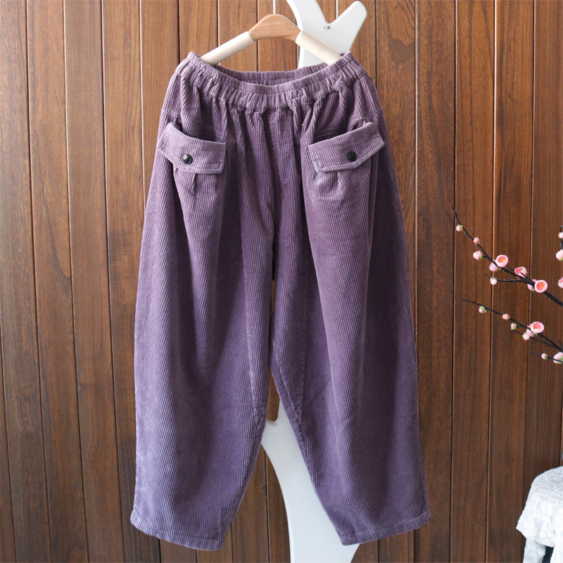 秋季复古文艺全棉灯芯绒女裤松紧腰休闲裤显瘦哈伦裤长裤-阿里巴巴