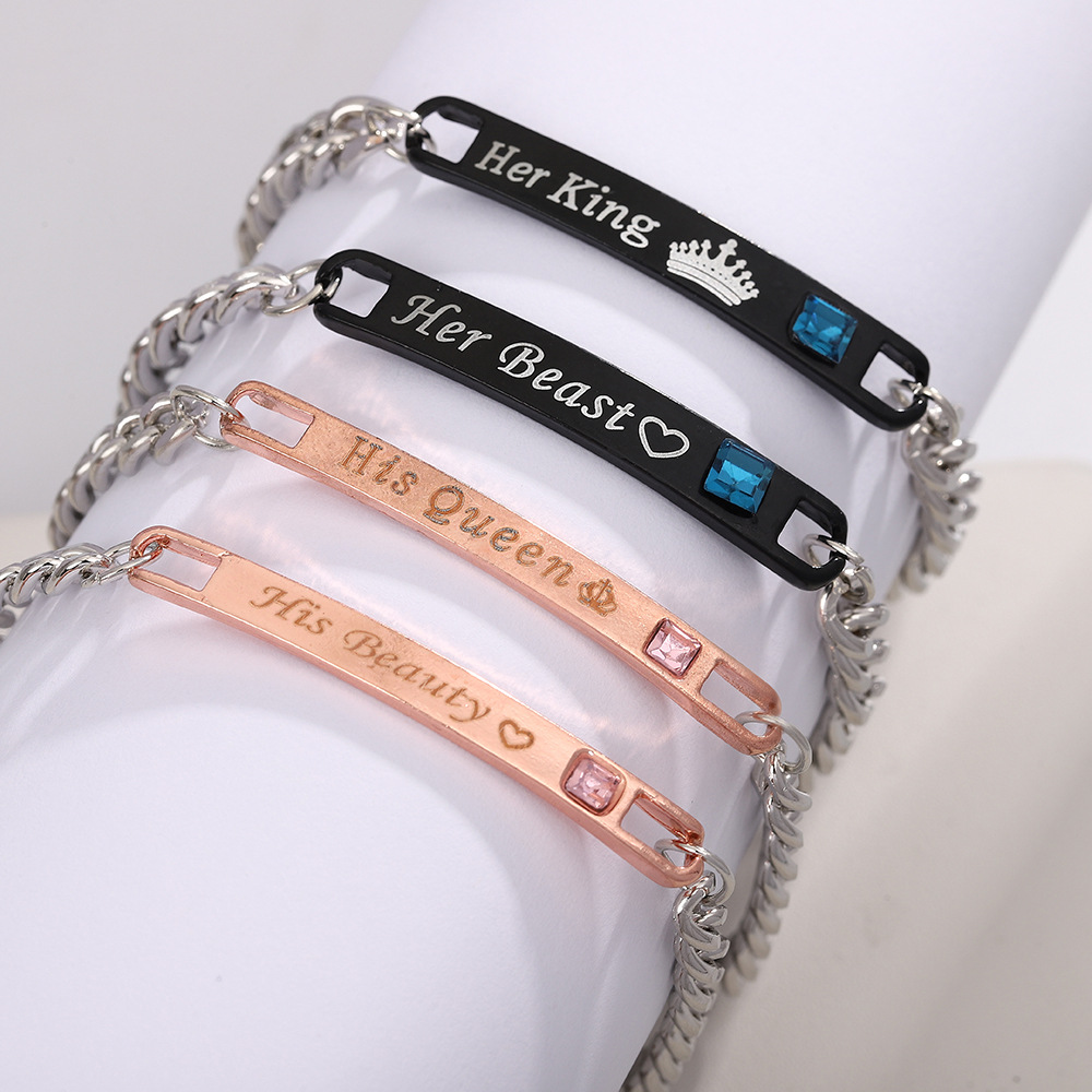 欧美热销her beast his beauty情侣手链king and queen镶钻情侣链