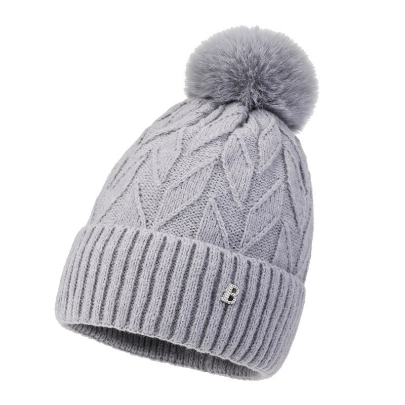 Autumn and Winter Girl's Cap Solid Color Jacquard and Fleece Lining Thermal Knitting Woolen Cap Small Fashion Hat with Fur Ball Ear Protection