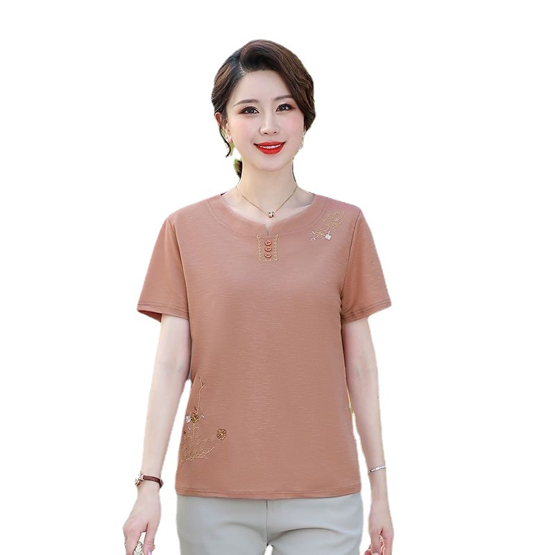 Mom Summer Clothing New Short Sleeve T-shirt 40-50 Years Old Middle-Aged and Elderly Women's Loose Oversized Fat Hiding Top Breathable Shirt