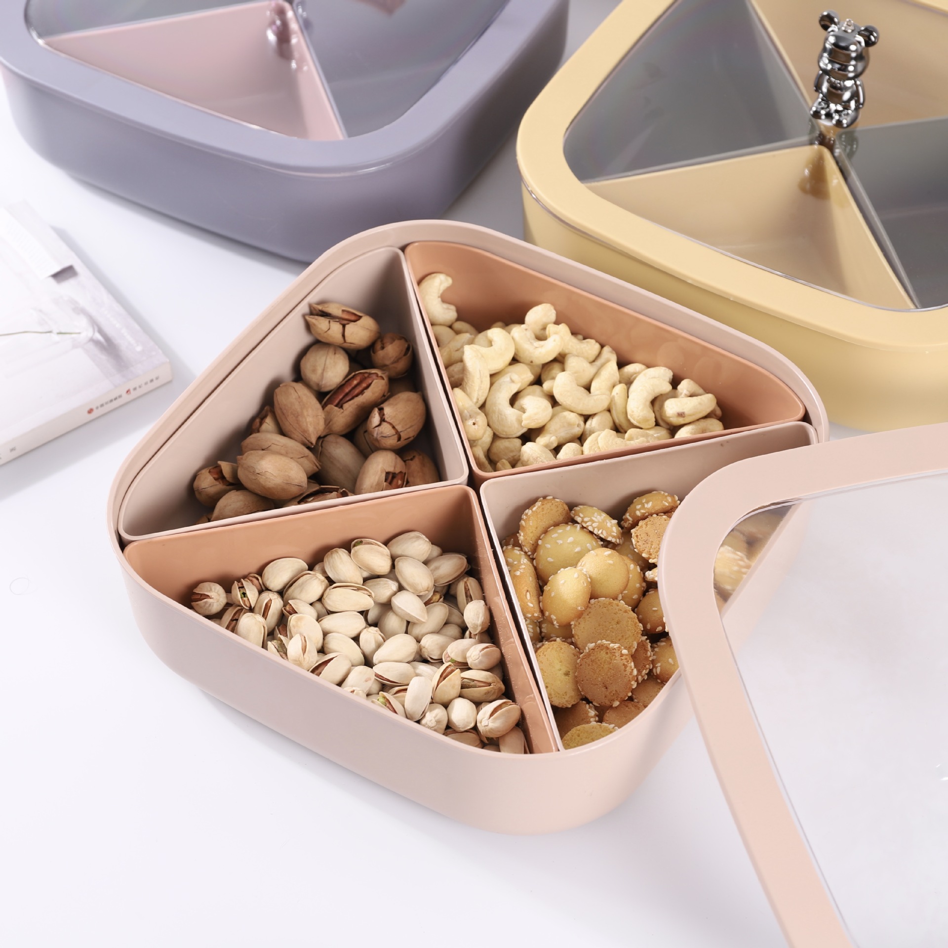New Light Luxury Bear Fruit Plate Household Multi-Layer Dried Fruit Box Grid Nuts with Lid Candy Box Living Room Snack Tray