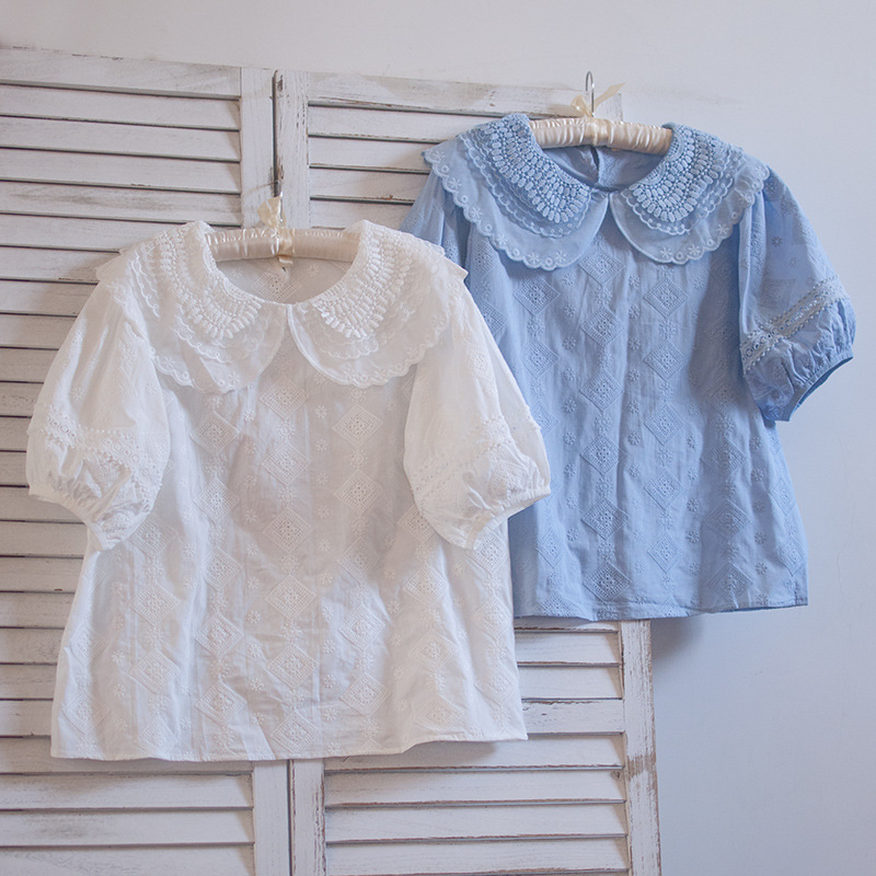 夏装新款女装日系小清新双层蕾丝娃娃领重工刺绣套头上衣短袖衬衫