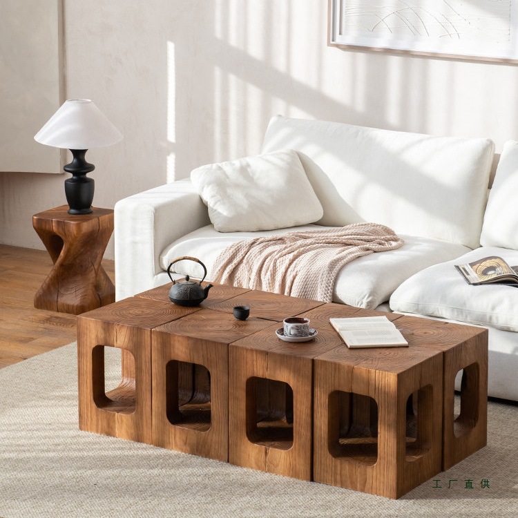 方形木墩子矮凳原木酒店民宿组合茶几边几复古做旧侘寂风实木摆件