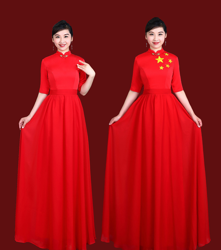 红歌合唱团演出服女长裙舞台朗诵表演服装大合唱指挥主持礼服