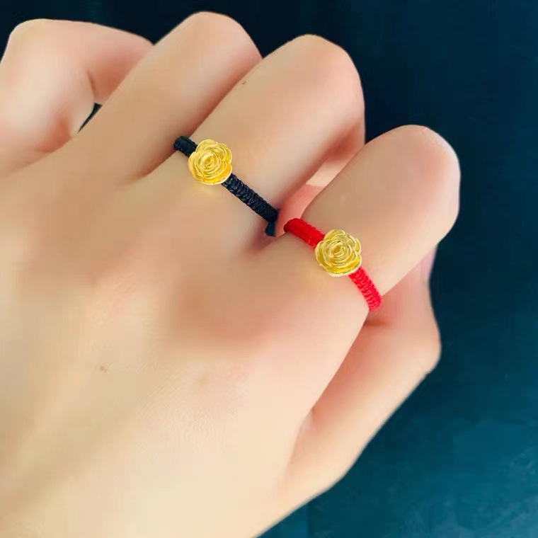 3d硬金黄金红绳戒指玫瑰花999足金转运珠编织指环纯金幸运珠礼物