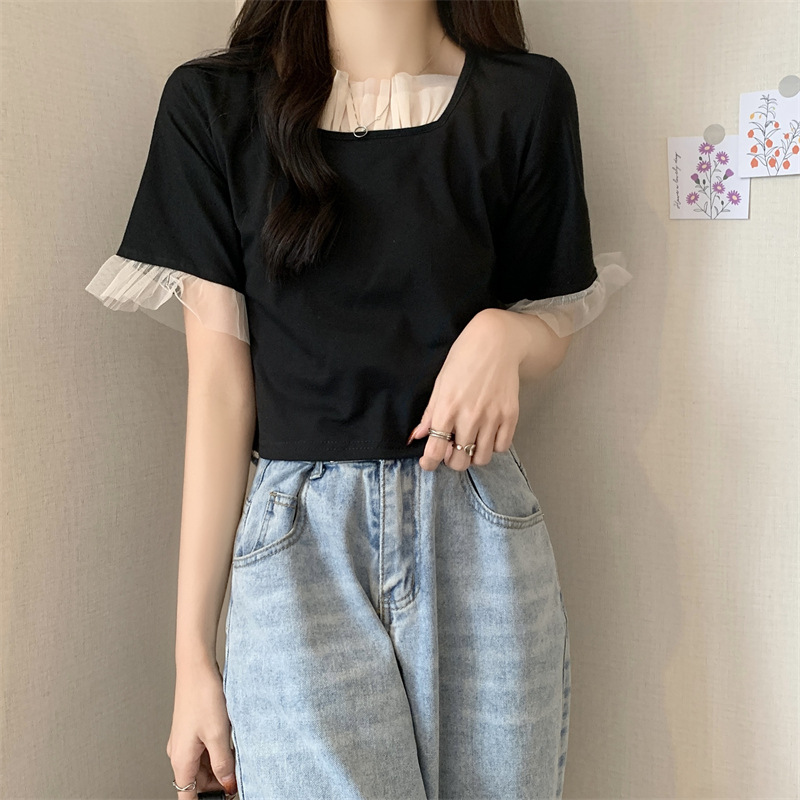 Summer Clothing Design Square Collar Stitching Mesh Short Short Sleeve T-shirt Women's Korean-Style Pure Desire Teenage Leisure Top Base