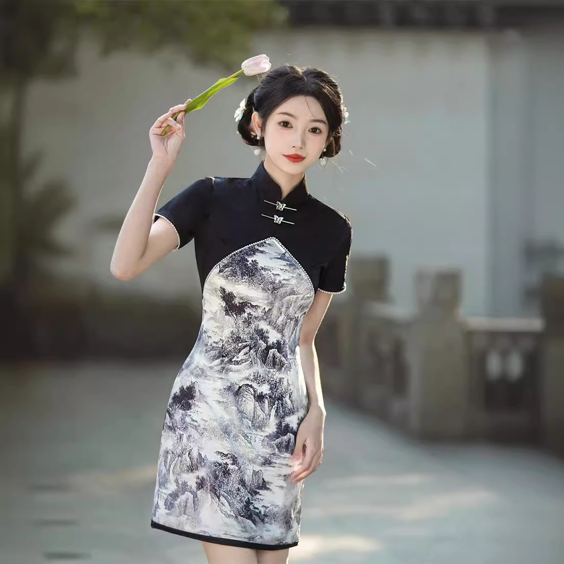 2024夏季新款短袖拼接撞色短款旗袍日常聚会文艺年轻旗袍女裙改良