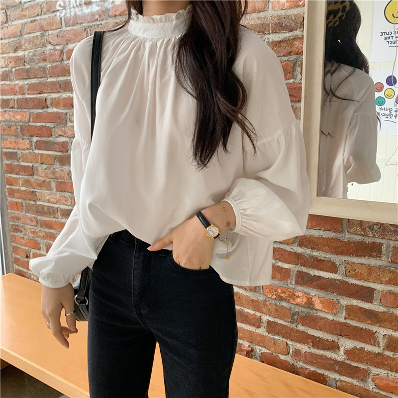 木耳边高领长袖宽松显瘦韩版衬衫衬衣上衣女