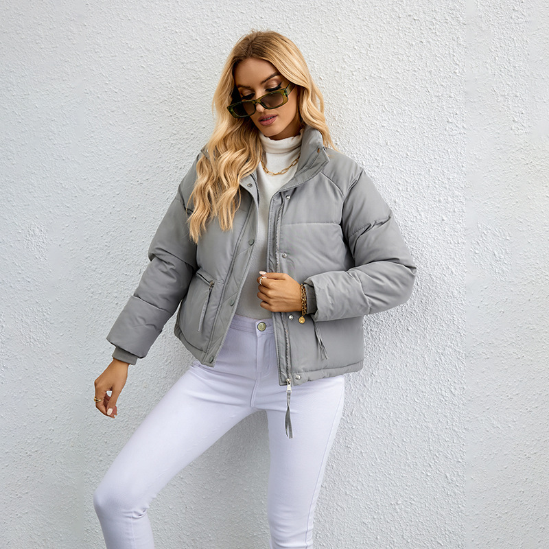 2023 Korean Style Short Stand Collar Small down Cotton-Padded Jacket Women's Simple Loose Zipper Puffer Jacket Coat Solid Color